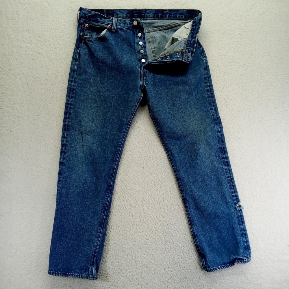 Levi Strauss 501 Mens Button Fly Jeans W38 L31 Straight Leg Distressed (Hemmed)